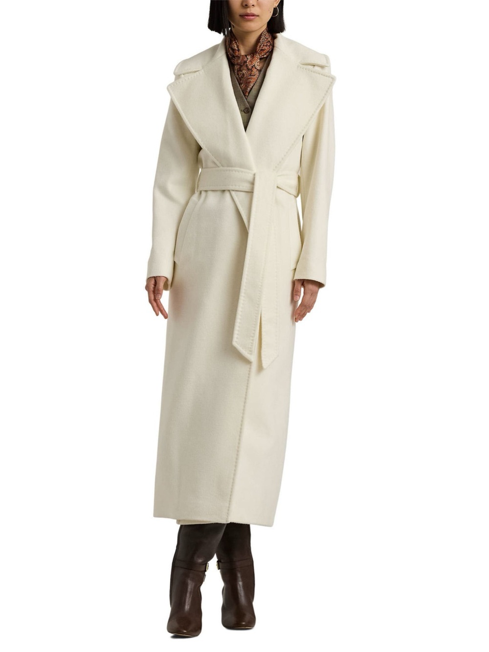 Ralph Lauren Cream Long Belted Wool-Blend Trench Coat